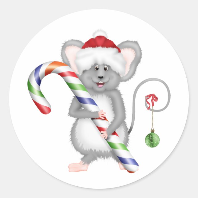 Cute Christmas Mouse with Santa Hat Classic Round Sticker (Front)