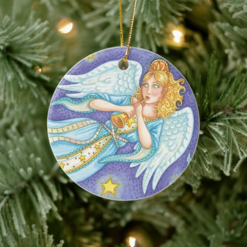 Cute Christmas, Musician Angel Playing Her Horn Ceramic Ornament