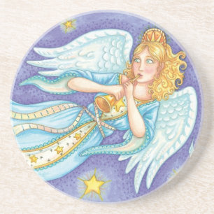 Cute Christmas, Musician Angel Playing Her Horn Drink Coaster