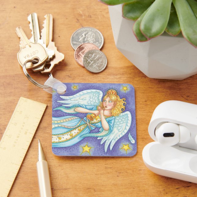 Cute Christmas, Musician Angel Playing Her Horn Keychain (Desk)