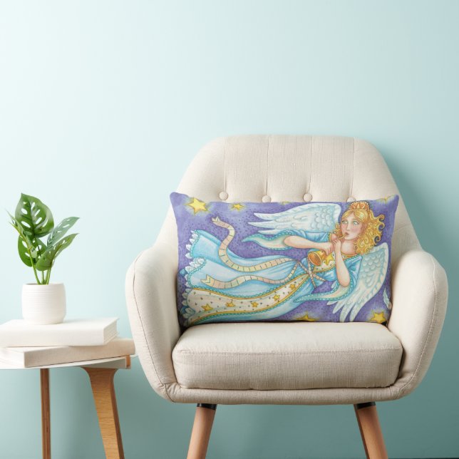 Cute Christmas, Musician Angel Playing Her Horn Lumbar Pillow (Chair)