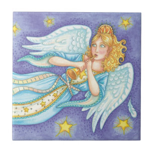 Cute Christmas, Musician Angel Playing Her Horn Tile