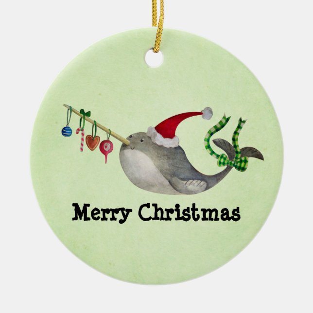 Cute Christmas Narwhal Ceramic Ornament (Front)
