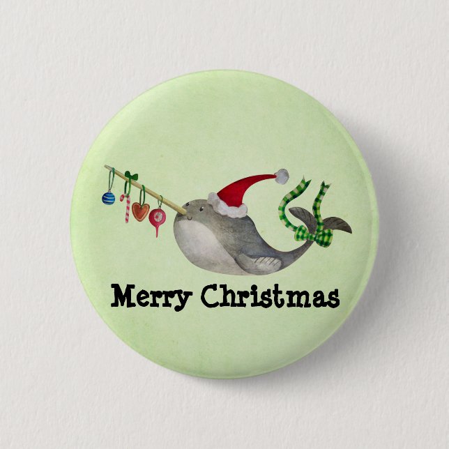 Cute Christmas Narwhal Pinback Button (Front)