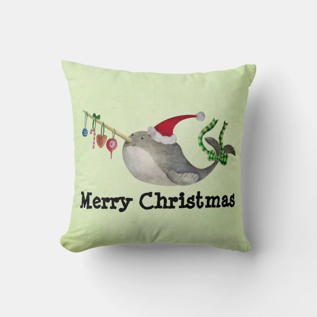 Cute Christmas Narwhal Throw Pillow (Front)