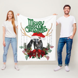 Cute Christmas Nubian Goat with Antlers and Wreath Fleece Blanket