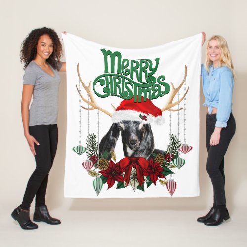 Cute Christmas Nubian Goat with Antlers and Wreath Fleece Blanket