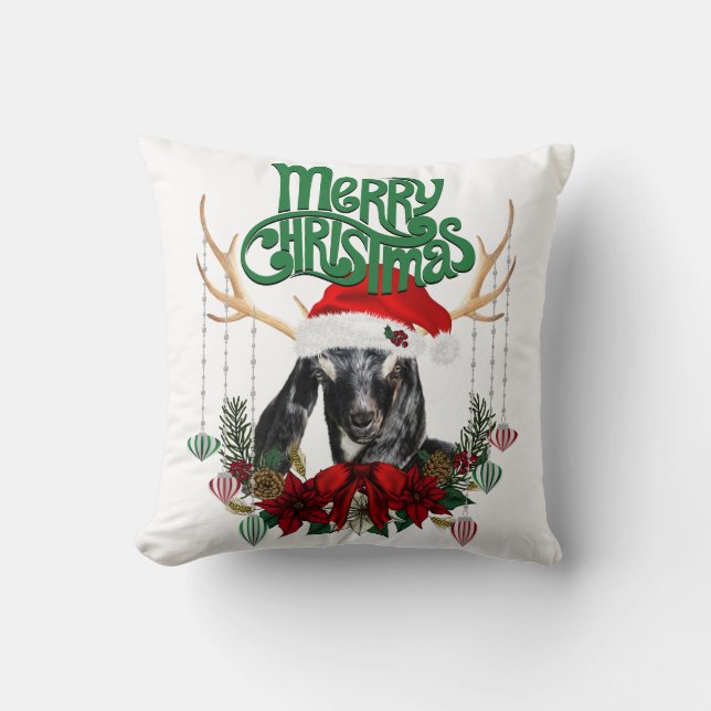 Cute Christmas Nubian Goat with Antlers and Wreath Throw Pillow (Front)