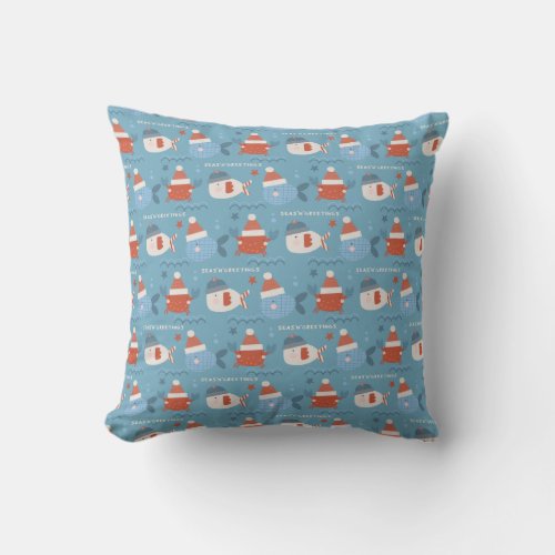 Cute Christmas Ocean Animals Fish Crab Blue Red Throw Pillow