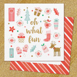 Cute Christmas Oh What Fun Photo Flat Card<br><div class="desc">A playful Christmas card design with the message, Oh what Fun. It is decorated with pretty illustrations of presents, mittens, a Christmas stocking, a Christmas tree and a reindeer. The back of the Christmas card has a red, pink, gold and white striped pattern with room for a family photo. Designed...</div>