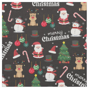 Cute Christmas On Black  Fabric
