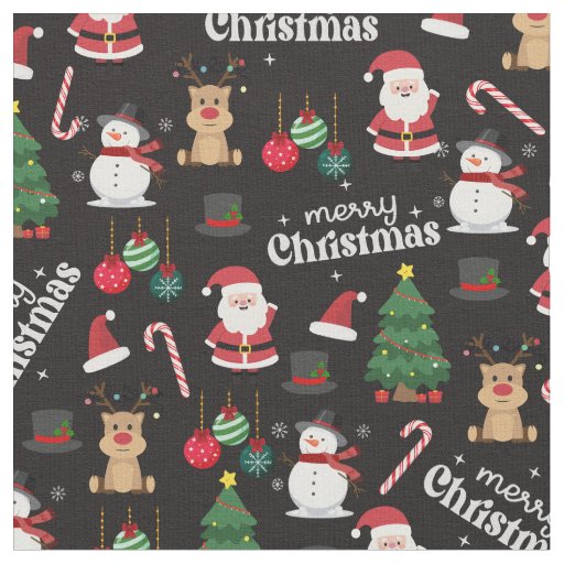 Cute Christmas On Black  Fabric