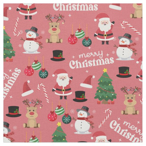 Cute Christmas On Dark Pink/White Fabric