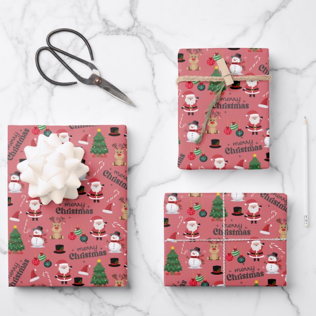 Cute Christmas On Dark Pink Wrapping Paper Sheets (Front)