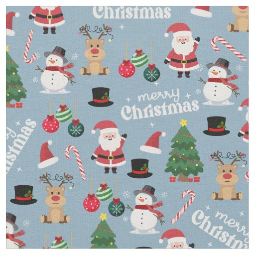 Cute Christmas On Dusty Blue Fabric