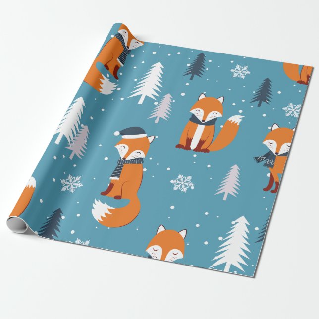 Cute Christmas Orange Fox Pattern Wrapping Paper (Unrolled)
