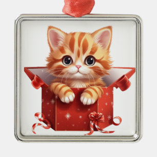 CUTE CHRISTMAS ORANGE TABBY KITTEN IN A RED BOX METAL ORNAMENT