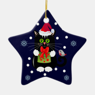 Cute Christmas ornament Star with Cat and Robin