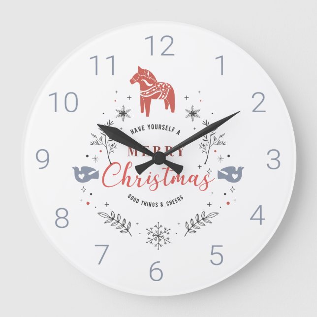 Cute Christmas ornament Typography & animals Large Clock (Front)