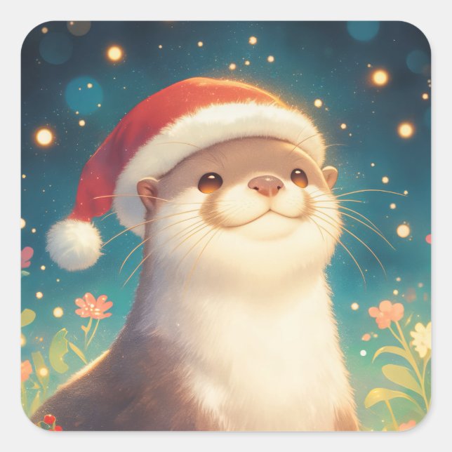 Cute Christmas Otter Sticker with Santa Hat (Front)