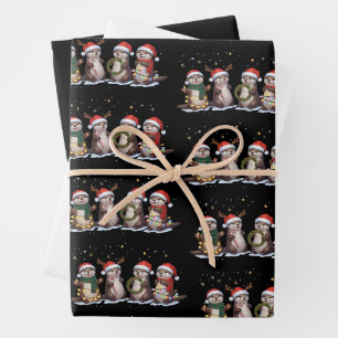 Cute Christmas Otters in Santa Hats Funny Animal Wrapping Paper Sheets