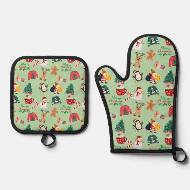 Cute Christmas Oven Mitt and Pot Holder set (Front)