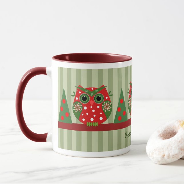 Cute Christmas owl and custom text Mug (With Donut)