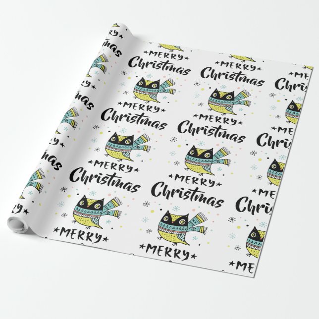 Cute Christmas Owl & Black Typography Wrapping Paper (Unrolled)