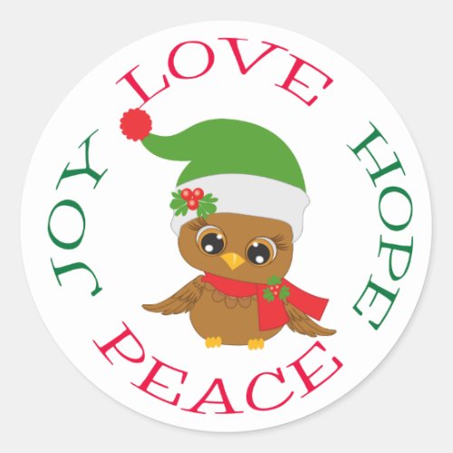 Cute Christmas Owl Hope Joy Love Classic Round Sticker