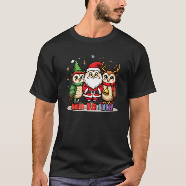 Cute Christmas Owl in Santa Elf and Reindeer Costu T-Shirt (Front)