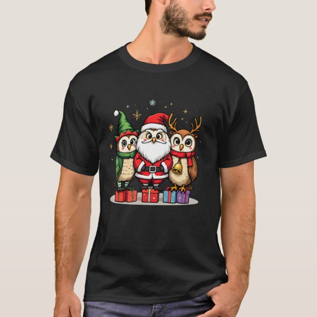 Cute Christmas Owl in Santa Elf and Reindeer Costu T-Shirt (Front)