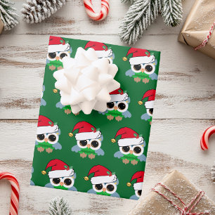 Cute Christmas Owl in Santa Hat Green Kids Wrapping Paper Sheets