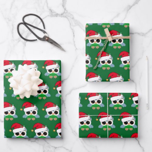 Cute Christmas Owl in Santa Hat Green Kids Wrapping Paper Sheets