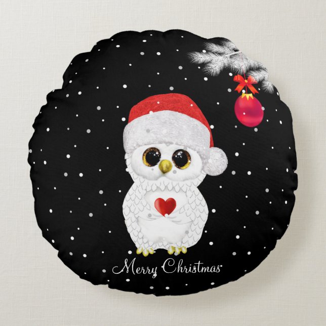 Cute Christmas Owl on Black Round Pillow (Front)