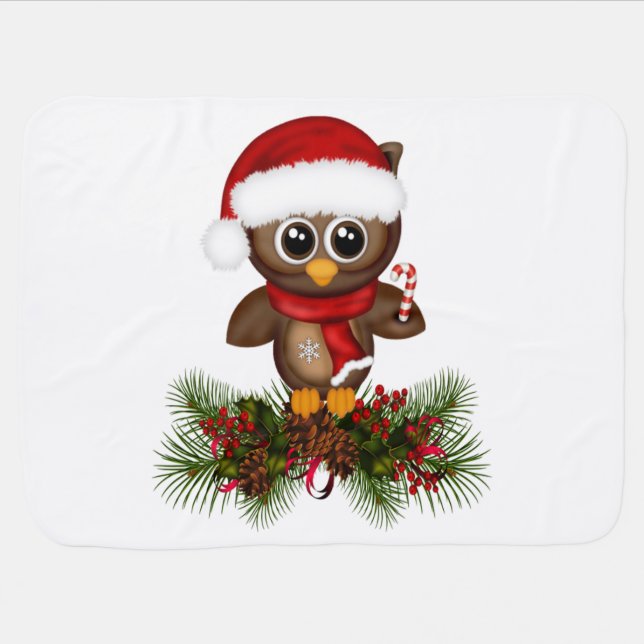 Cute Christmas Owl On Pine Branch Baby Blanket (Horizontal)