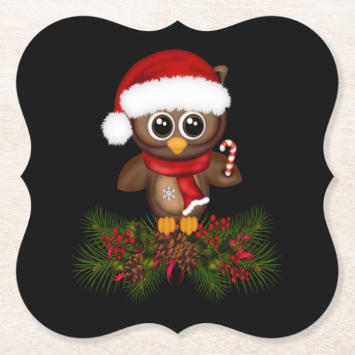 Cute Christmas Owl On Pine Branch Coaster