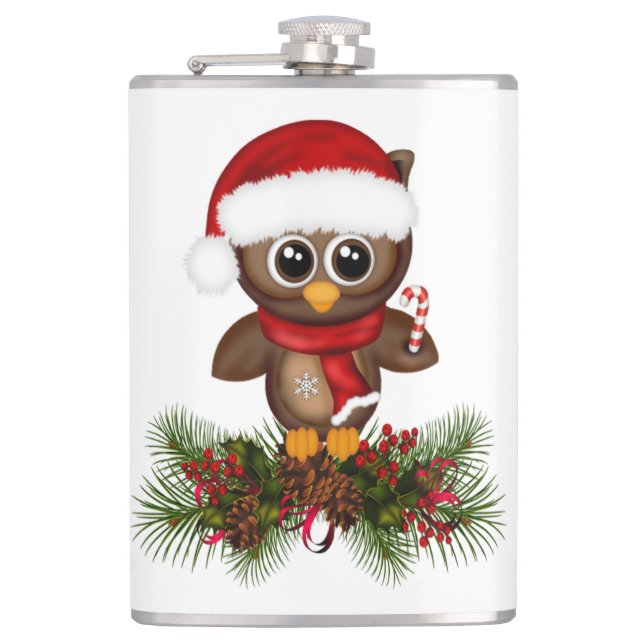 Cute Christmas Owl On Pine Branch Flask (Front)
