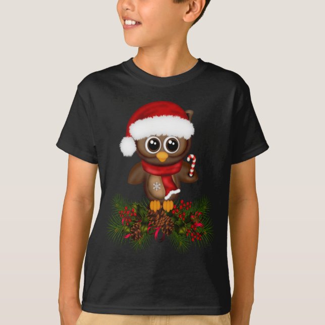 Cute Christmas Owl On Pine Branch Kid Shirt (Front)