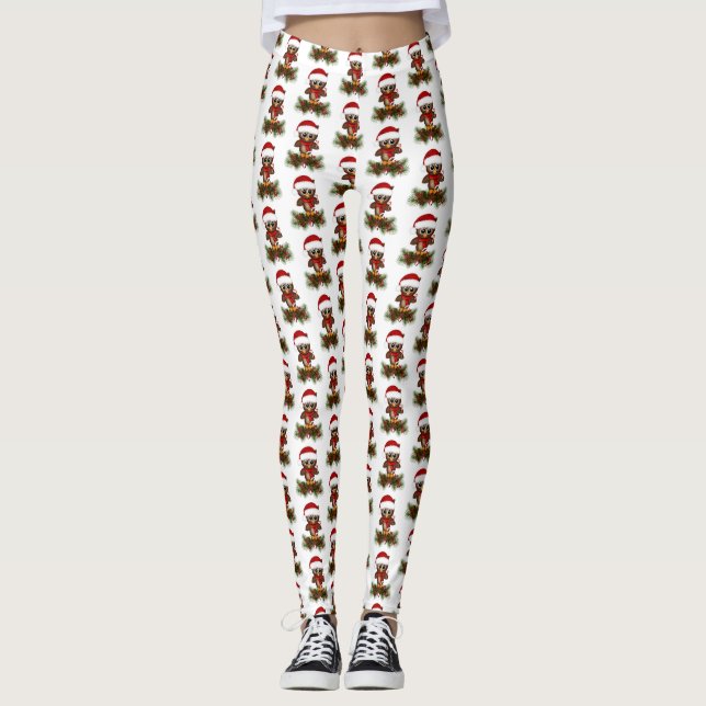 Cute Christmas Owl On Pine Branch Leggings (Front)