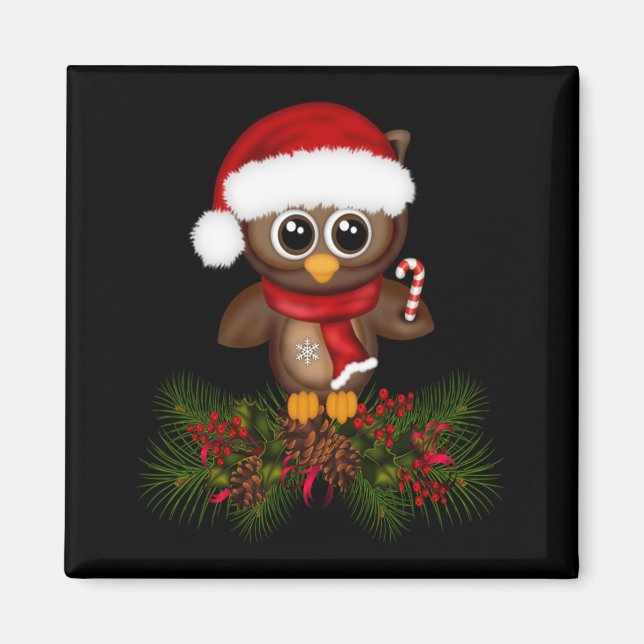 Cute Christmas Owl On Pine Branch Magnet (Front)