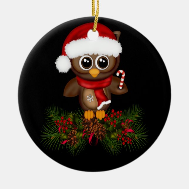 Cute Christmas Owl On Pine Branch Ornament (Front)