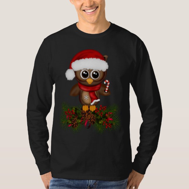 Cute Christmas Owl On Pine Branch Shirt (Front)