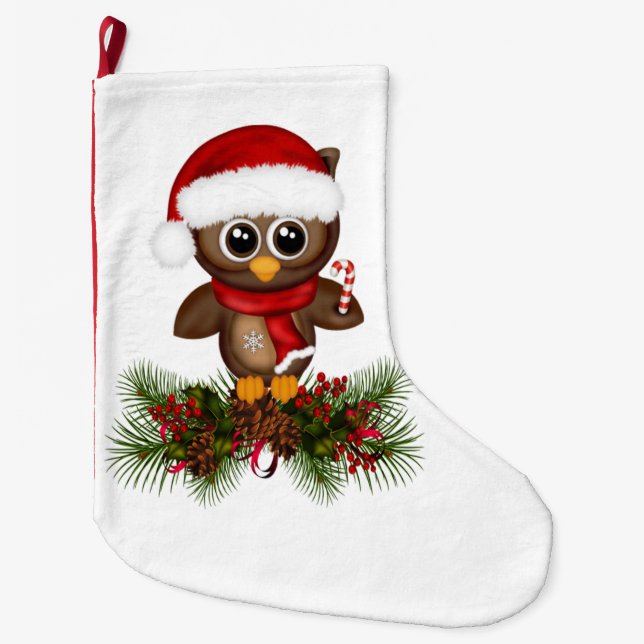 Cute Christmas Owl On Pine Branch Stocking (Front)