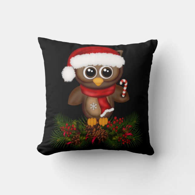 Cute Christmas Owl On Pine Branch Throw Pillow (Front)