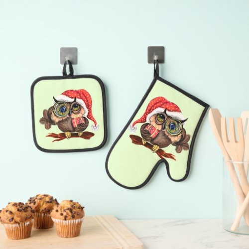 Cute Christmas Owl Oven Mitt  Pot Holder Set