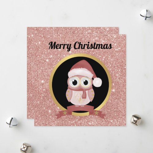 Cute Christmas owl pink rose gold glitter  Holiday Card