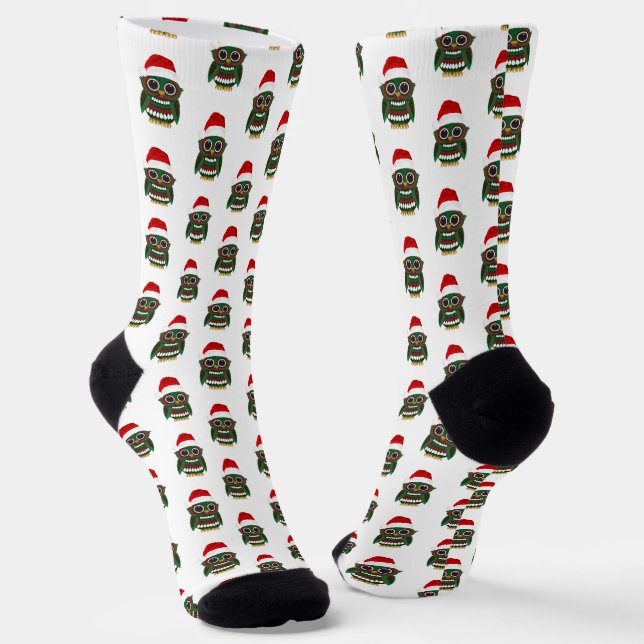 Cute Christmas Owl Socks Festive Plaid Cozy (Angled)