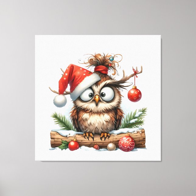 Cute Christmas Owl wearing a santa hat Canvas Print (Front)