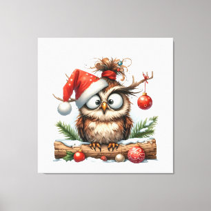 Cute Christmas Owl wearing a santa hat Canvas Print