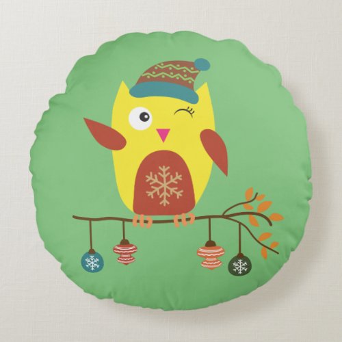 Cute Christmas Owl Winter Illustration Round Pillow